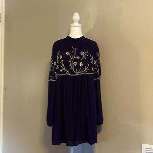 Parker embroider long sleeve navy dress